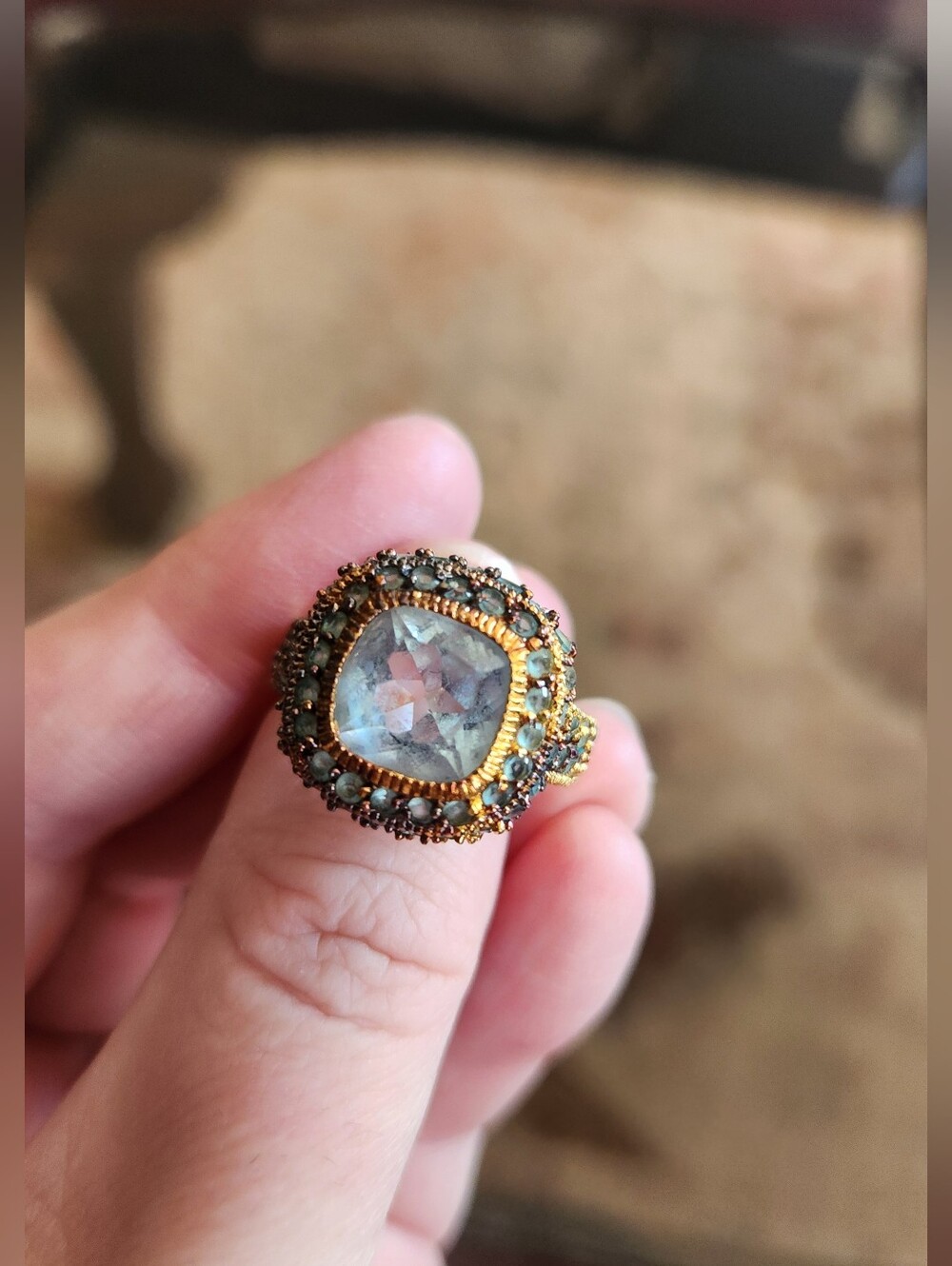 Gold-Tone Vintage Style Ring with Clear Center Stone